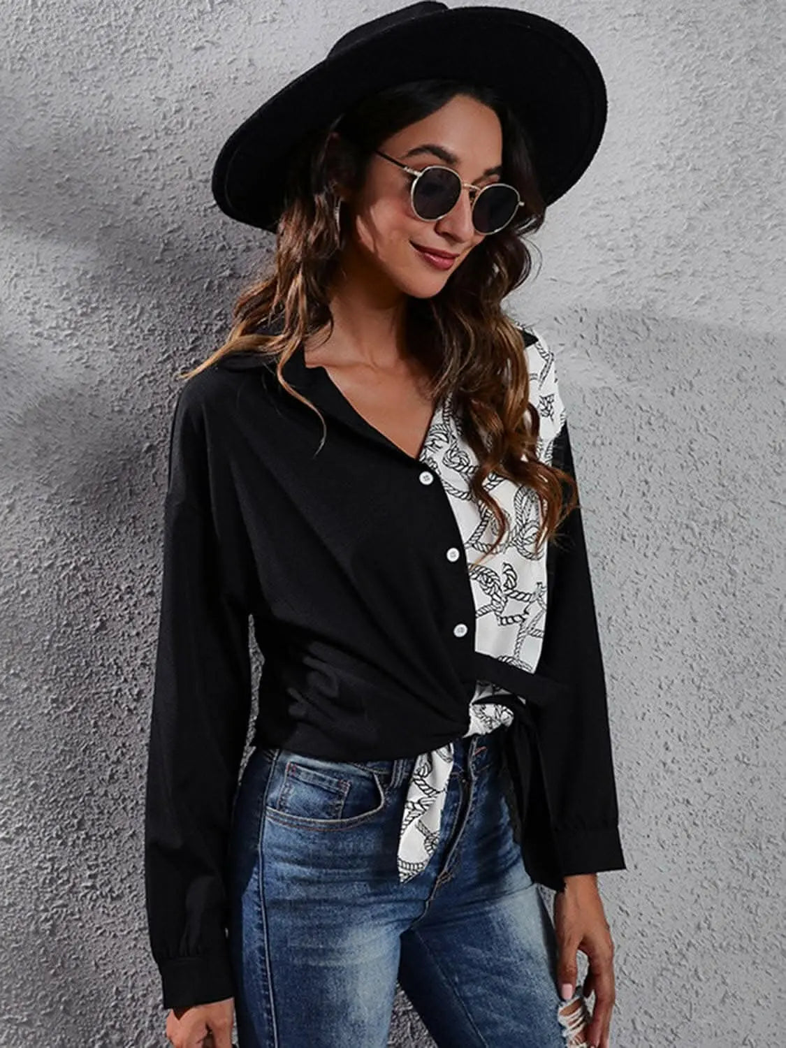 Chic graphic print blouse, collar - Love Salve